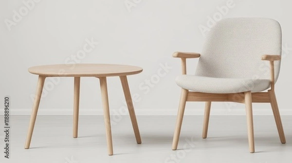 Fototapeta Modern Minimalist Oak Wood Armchair and Round Coffee Table Set