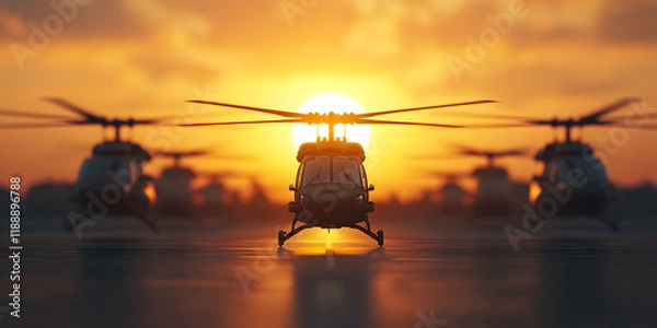 Fototapeta Helicopters silhouetted against a vibrant sunset. A powerful and dramatic image, perfect for illustrating themes of power, strength, and teamwork.