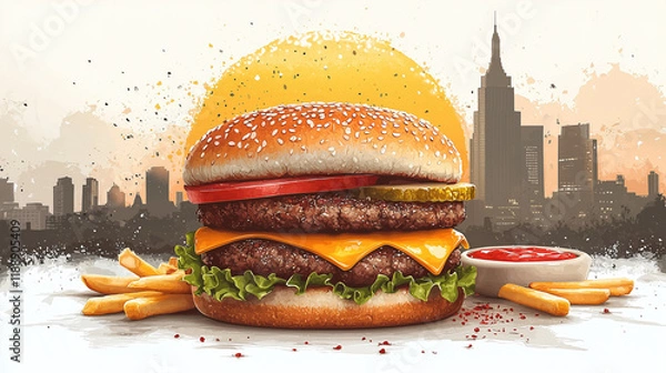 Fototapeta Classic tasty burger with potato fries