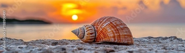 Fototapeta Close-Up of a Beautiful Seashell on a Serene Beach During a Colorful Sunset Landscape
