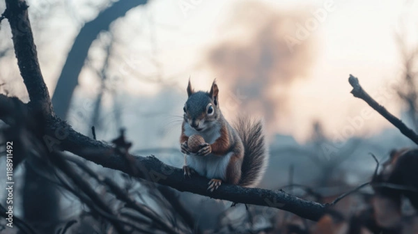 Obraz squirrel clutching acorn perched on charred branch, surrounded by smoky landscape. scene captures resilience of wildlife in post fire environment