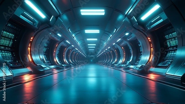 Fototapeta Futuristic Spaceship Corridor With Neon Lighting And Technology