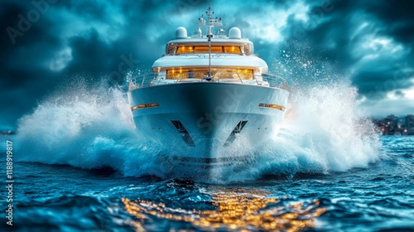 Fototapeta Luxury yacht speeds through turbulent waters under cloudy skies in a dramatic display of power and elegance