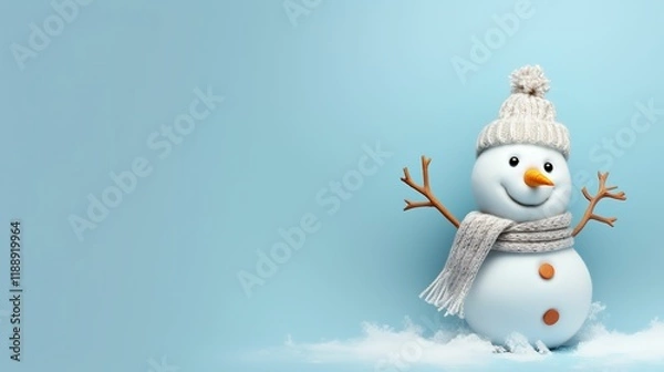 Fototapeta A snowman is standing on a gray background.