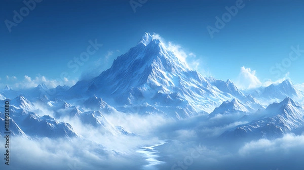 Fototapeta Majestic snow-capped mountain surrounded by clouds under a clear blue sky.