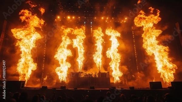 Obraz Fiery stage spectacle with tall flames engulfing a performance area in front of a crowd.