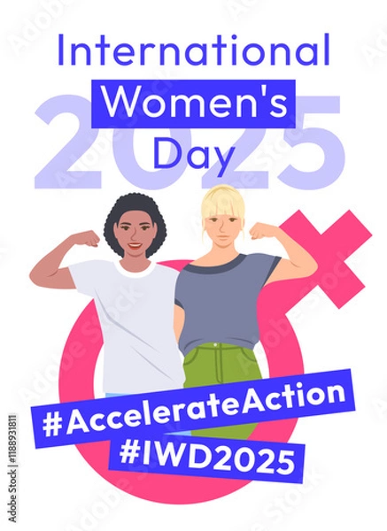 Obraz Accelerate Action campaign pose. International Women's Day 2025 theme poster. Two women demonstrate a strong arm to show solidarity and support for women's rights and gender equality