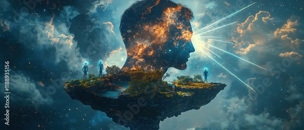 Fototapeta Surreal Floating Island in the Shape of a Human Head – Conceptual Fantasy Art with Cosmic Energy, Lush Landscapes, and Celestial Sky for Imaginative Digital Worlds 