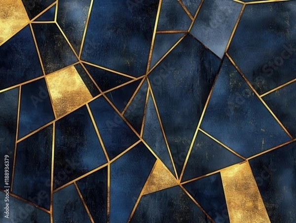 Fototapeta An abstract geometric pattern featuring dark blue and gold tones, creating a luxurious and modern aesthetic, suitable for backgrounds in design projects or digital art