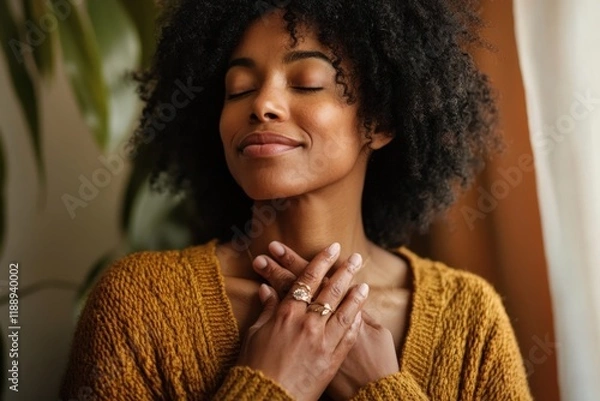 Obraz Serene young woman practicing mindfulness with eyes closed and hands on chest