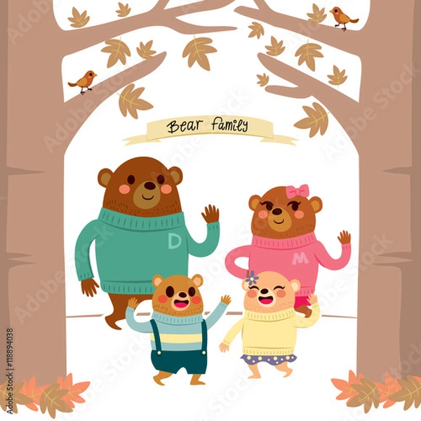 Fototapeta Cute happy bear family characters with warm clothes together on autumn forest
