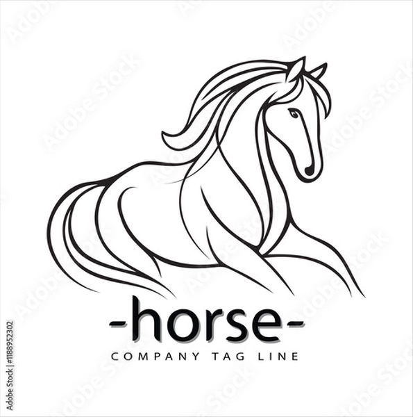 Fototapeta A dynamic black and white illustration of a galloping horse, showcasing elegance and strength. The vector design highlights the full body with detailed contours, ideal for logos, emblems, or mascots.
