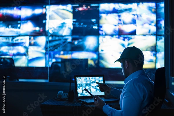 Fototapeta Security guards are monitoring multiple CCTV monitors and reporting on events that occur.