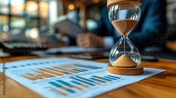 Fototapeta Hourglass on desk with business graphs, showing time management in business.