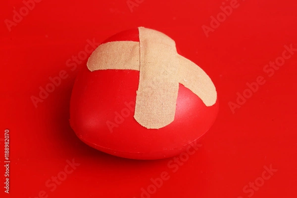 Fototapeta heart figurine with patch on red background. Concept of wounded love
