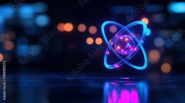 Fototapeta Atomic Structure: Neon Glowing Atom Model
