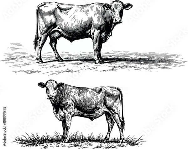 Fototapeta Hand-drawn vintage vector illustration of a cow and farm tools in engraving style
