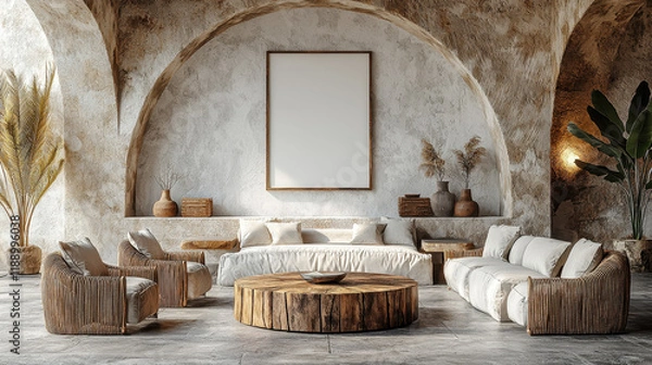 Fototapeta Bohemian Chic Living Room: A serene and stylish living room interior design features a neutral color palette, earthy textures, and natural elements, creating a relaxed bohemian atmosphere. A large.