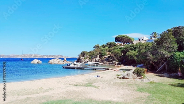 Obraz Jetty and beach of the village in front of Maddalena archipelago. Hamlet of Porto Rafael, Palau, Sassari, Sardinia Island, (Sardegna), Italy.