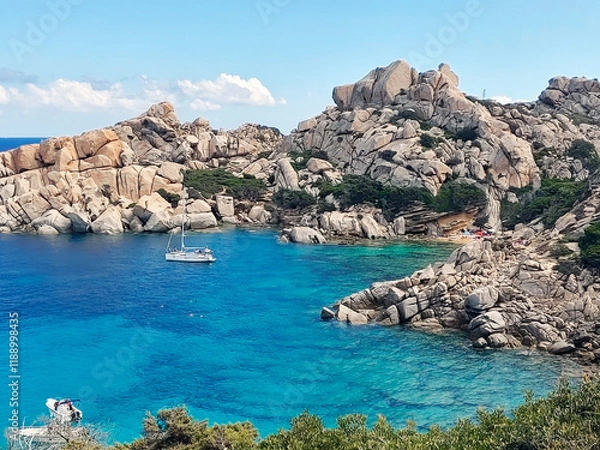 Obraz Amazing cove Cala Spinosa with rocks sculpted by erosion and small hidden beach. Capo Testa in Santa Teresa Gallura, Sassari, Sardinia Island, (Sardegna), Italy.