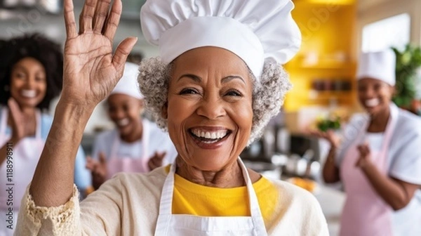 Fototapeta Joyful Senior Wellness A vibrant senior citizen receives compassionate wellness support from cheerful caregivers in a positive and uplifting environment This heartwarming image depicts holistic care