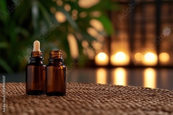 Fototapeta Amber Essential Oil Bottles on Woven Mat with Warm Backdrop