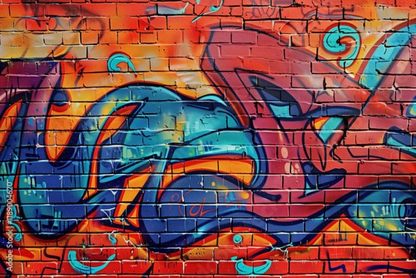 Fototapeta A red brick wall with intricate graffiti art, showcasing bold colors and dynamic designs.