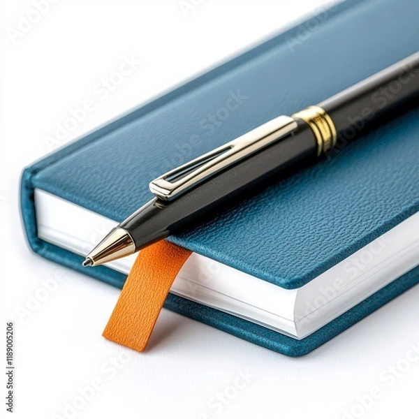 Fototapeta A sleek blue notebook with a black pen resting on top, featuring an orange bookmark peeking out, symbolizing organization and creativity.