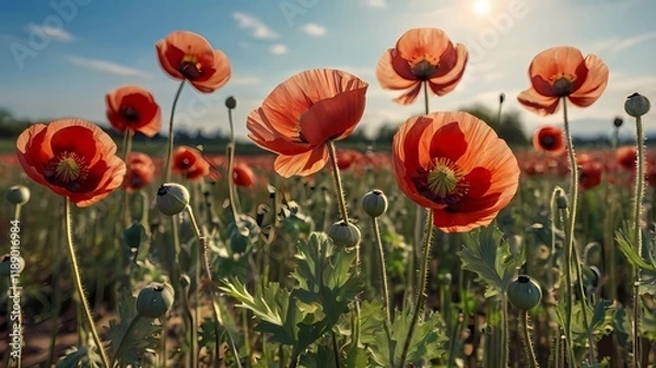 Fototapeta Flowering opium poppy Papaver somniferum on a field in spring. Opium poppy, Papaver somniferum is a species of plant. Opium and poppy seeds come from poppies.