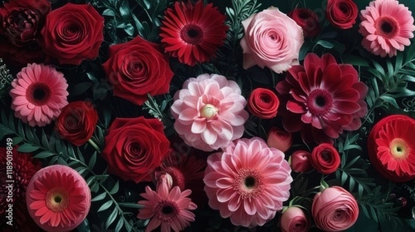 Fototapeta "Create a detailed and vibrant floral composition featuring a variety of flowers, including roses, gerberas, and ranunculus. Use a rich color palette of deep red and soft pink hues, highlighting...