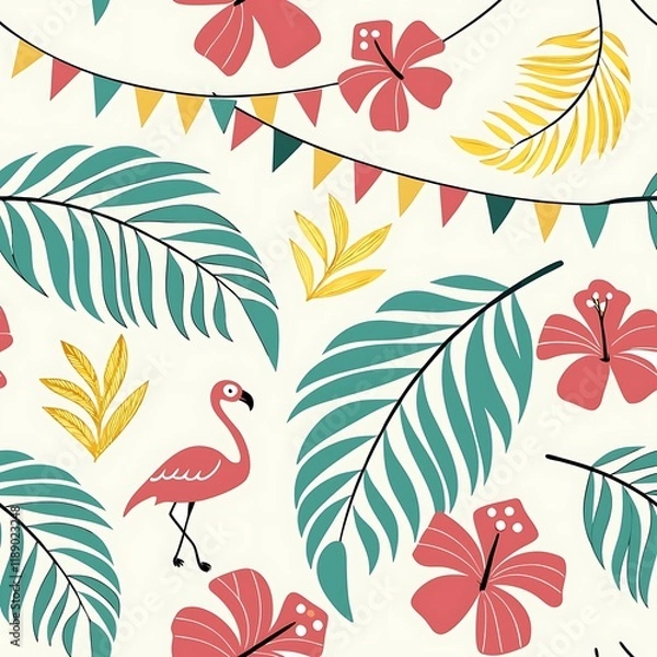 Fototapeta Tropical seamless pattern with flamingo and hibiscus, A seamless tropical pattern featuring flamingos, hibiscus flowers, palm leaves, and colorful bunting on a light background, perfect for festive de