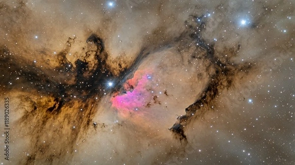 Fototapeta Cosmic Nebula, Vibrant Pink and Gold Celestial Cloud