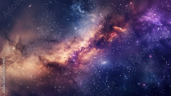 Fototapeta a mesmerizing cosmic ballet of swirling galaxies and celestial bodies, white space in the center of the page for text, bold and dynamic hues against a dark cosmic background