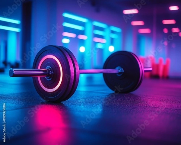 Fototapeta Barbell glowing with neon lights in a gym setting, showcasing fitness, strength, and vibrant energy with colorful lighting