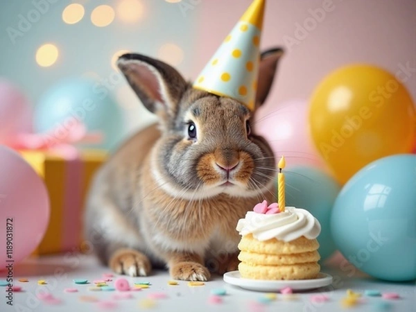 Obraz Cute rabbit celebrates birthday with cake and balloons in a festive setting