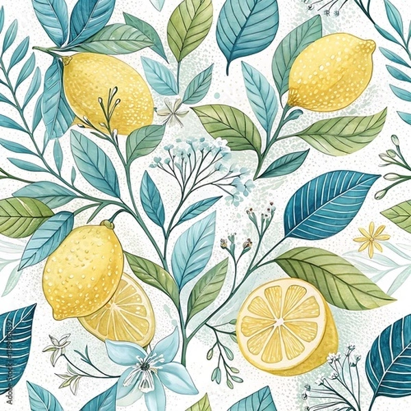 Fototapeta Elegant lemon and floral botanical pattern, Seamless botanical pattern featuring lemons, lemon slices, green leaves, and delicate flowers in a fresh, elegant hand-drawn design. 
