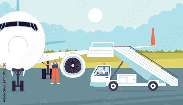 Obraz Airport workers. Aircraft maintenance, semaphore operator and ladder driver, ramp supply, passenger transport aviation, vector illustration