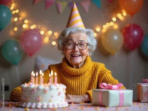 Obraz Celebrating a joyful birthday with cake and gifts in a festive setting filled with balloons and decorations