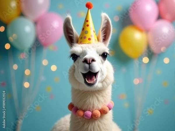 Obraz Llama wearing a birthday hat and necklace smiles joyfully in front of colorful balloons