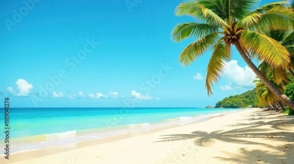 Fototapeta Serene tropical beach scene with palm trees casting shadows on pristine white sand under a vibrant blue sky