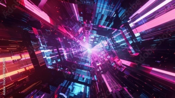 Fototapeta a mesmerizing display of vibrant digital art and futuristic landscapes, white space in the center of the page for text, dynamic and futuristic hues against a backdrop of virtual reality