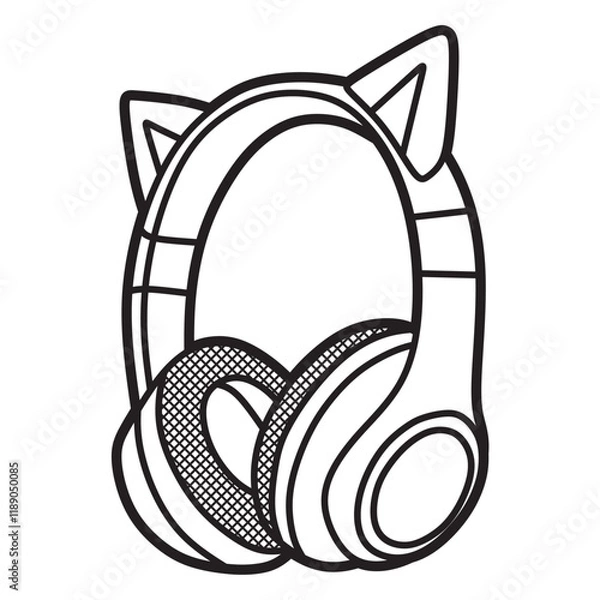 Fototapeta black and white vector lines, headset side view with cat ears