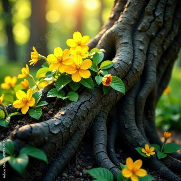 Fototapeta Sunlit yellow flowers on a gnarled tree trunk with roots, botanicals, roots
