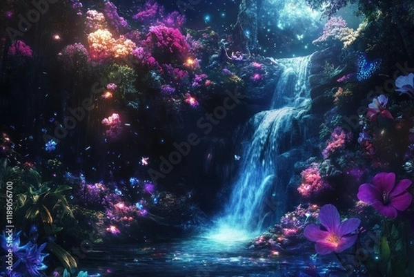 Fototapeta Enchanting Waterfall in a Bioluminescent Fantasy Forest