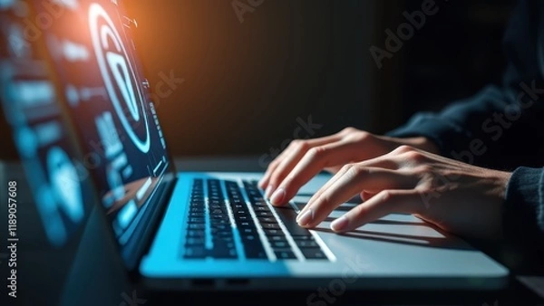 Fototapeta cybersecurity, hacker, laptop, dark room, glowing blue screen, hands typing, binary code, digital padlock icon, encrypted data, cyber threat, technology, computer security, dramatic lighting, futurist