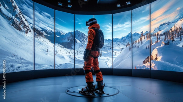Obraz High-Tech Ski Simulator with VR Headset and Snowy Mountain Scenery – Immersive Winter Experience