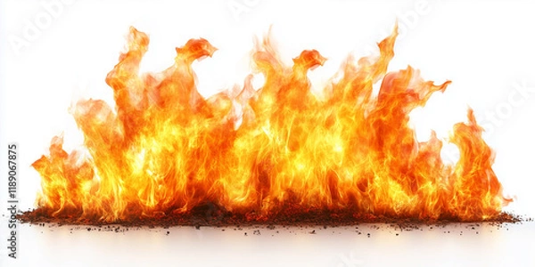 Fototapeta Realistic Fire Flames Isolated on White Background | This fiery element can be used for creating dramatic visuals, energy-themed compositions, or adding intense heat effects to creative projects