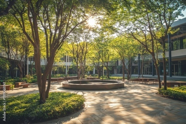 Fototapeta Scenic eco-friendly college campus with lush greenery and inviting circular seating perfect for inspiring study moments on a sunny day. Ideal for educational projects and marketing materials
