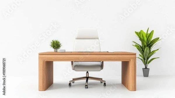 Fototapeta A modern office setup featuring a sleek wooden desk, a comfortable white chair, a small plant, and a larger potted plant against a minimalist white background.