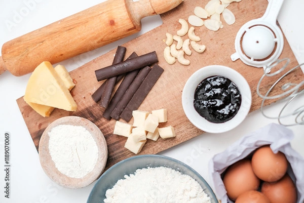 Obraz Baking ingredients for chocolate cake muffins or cookies lying ready on wooden kitchen tray. Mise en place, white background, measured ingredients.